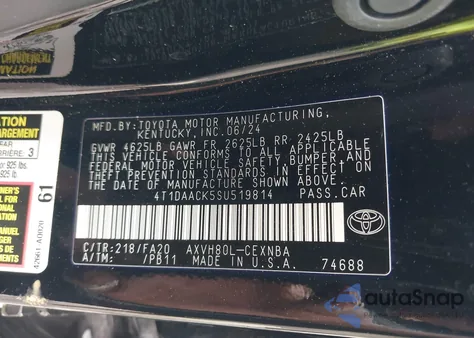 2025 Toyota Camry Le from USA, damaged, VIN 4T1DAACK5SU519814